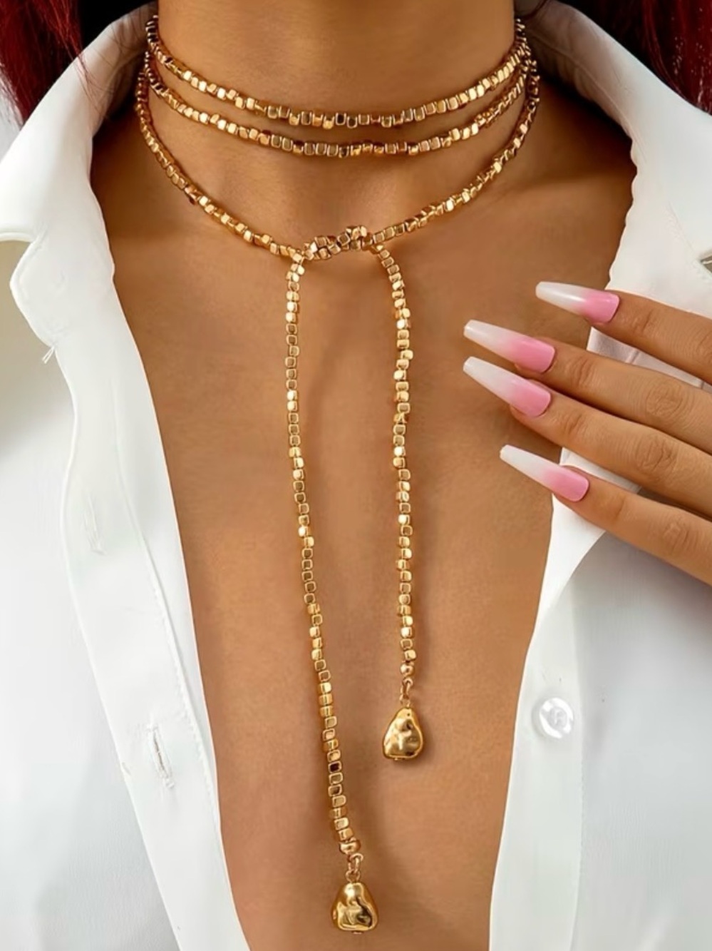 Gold Layered Lariat Choker Necklace - Women Jewelry